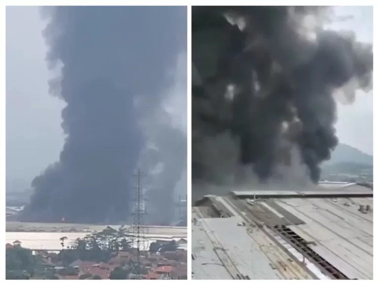 Bangunan PT Kahatex di Kampung Baturumpil, Desa Cisempur, Kecamatan Jatinangor, Sumedang terbakar pada Kamis, 29 Februari 2024.