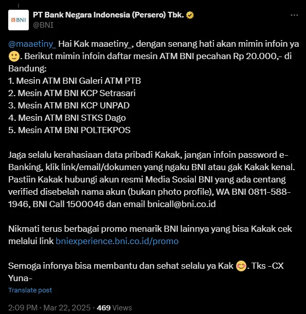 ATM BNI Pecahan 20.000 di Bandung
