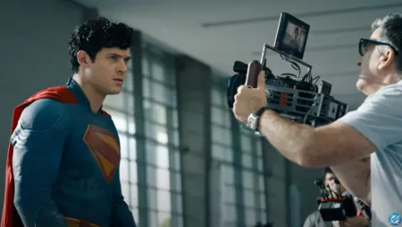 James Gunn di lokasi syuting film Superman", "David Corenswet dan Nicholas Hoult dalam kostum di balik layar Superman", "Rachel Brosnahan di set Daily Planet film Superman