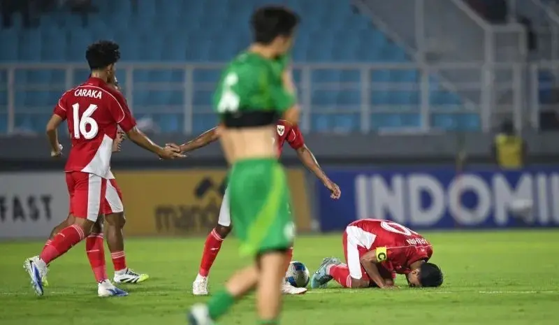Arkhan Fikri usai mencetak gol ke gawang Makau dalam Kualifikasi Piala Asia U23 di Stadion Gelora Delta Sidoarjo, Sabtu (6/9/2025). (istimewa)