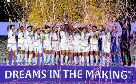 Korea Utara Juarai Piala Dunia Putri U-17 Korea Utara menjadi juara Piala Dunia Putri U-17 2025 setelah menaklukkan Belanda 3-0 dalam laga final di Stadion Olimpiade, Rabat, Sabtu (8/11/2025). (istimewa)