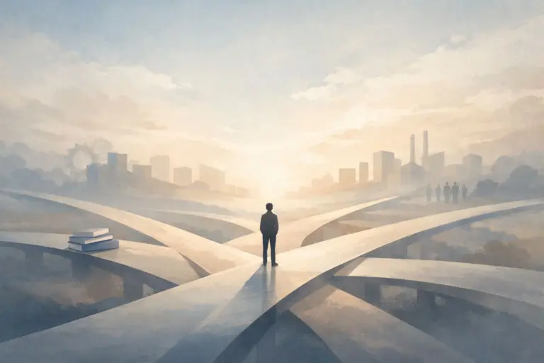 Ilustrasi konseptual menampilkan siluet manusia berdiri di persimpangan jalur abstrak dalam ruang luas yang tenang