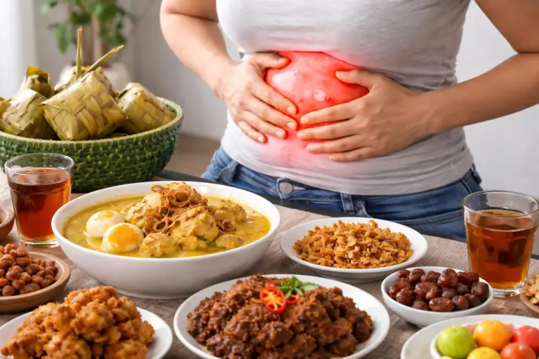 Perut Begah Usai Makan Opor? Ini Penjelasan dan Solusinya Menurut Dokter Ilustrasi seseorang mengalami perut begah setelah menyantap hidangan khas Lebaran seperti opor ayam, ketupat, dan lauk pendamping lainnya.