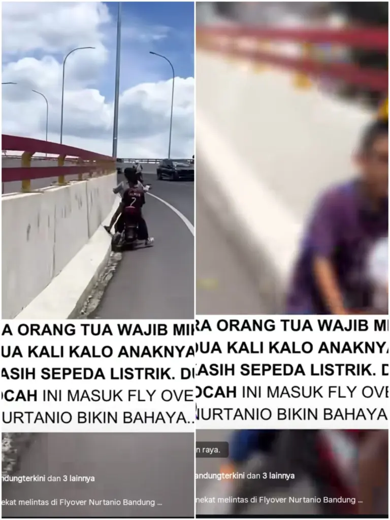 Nekat! Dua Bocah Naik Sepeda Listrik di Flyover Nurtanio Dua aksi bocah nekat trobos flyover Nurtanio menggunakan sepeda listrik (tangkapan layar)