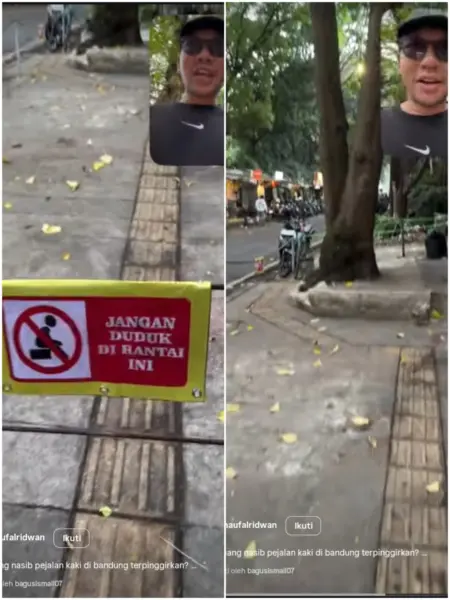Trotoar Taman Superhero Bandung Rusak Parah, Warga Keluhkan Ganggu Kenyamanan Kondisi trotoar jalan taman cibeunying dirantai. Tangkapan layar ( ig: @naufalridwan)