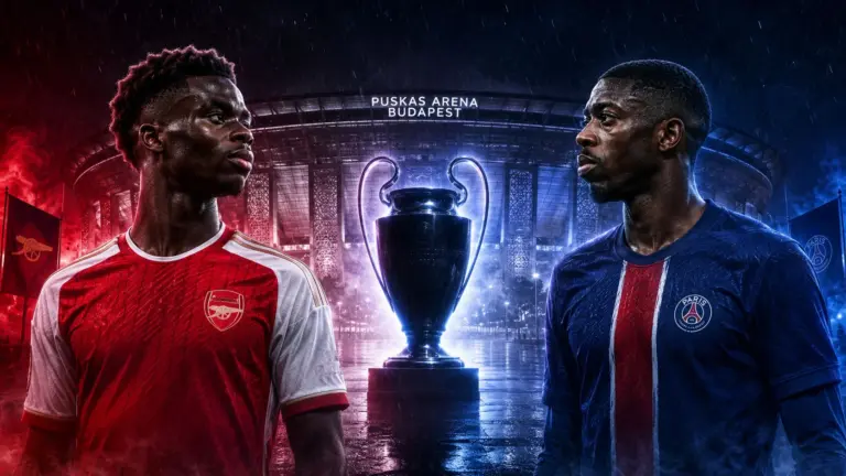 Fakta Mengejutkan Arsenal vs PSG: Gol Sama Banyak, Pemenang Liga Champions Baru Ditentukan Malam Ini Bukayo Saka dan Ousmane Dembele dalam ilustrasi duel Arsenal vs PSG menjelang final Liga Champions 2026 di Puskas Arena Budapest.