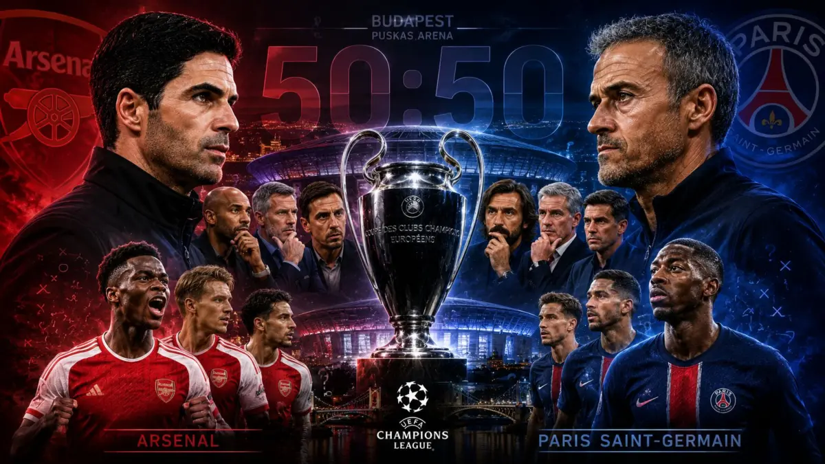 Mikel Arteta dan Luis Enrique dengan trofi Liga Champions menjelang final Arsenal vs PSG di Budapest.