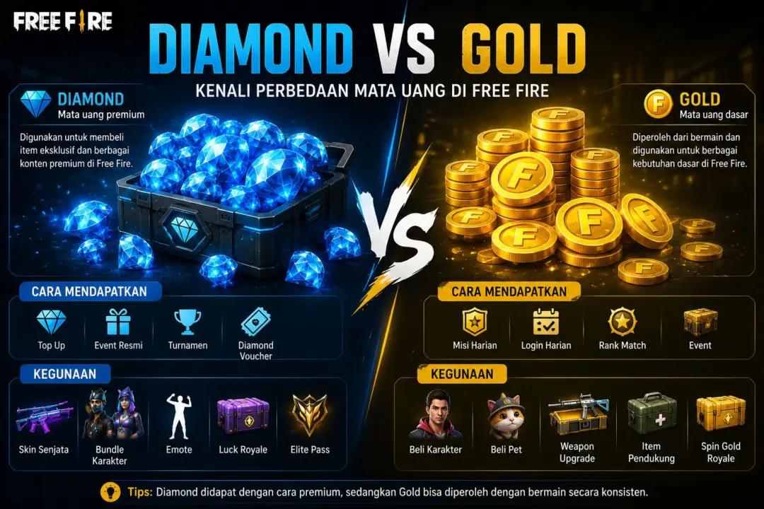 Ilustrasi perbandingan Diamond dan Gold di Free Fire beserta fungsi, cara memperoleh, dan contoh penggunaannya di dalam game.