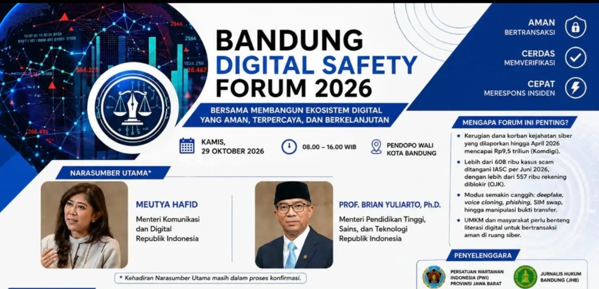 PWI Jabar dan JHB menggelar BDSF 2026 untuk meningkatkan kewaspadaan masyarakat terhadap penipuan online, phishing, deepfake, dan kejahatan digital.