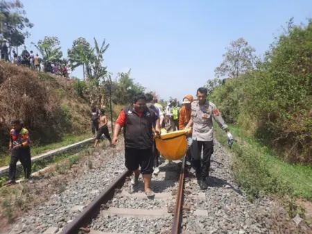 Pejalan Kaki Tewas Tertemper Kereta Api Jalur Purwakarta–Garut Petugas mengevakuasi korban kecelakaan setelah tertemper Kereta Api Purwakarta-Garut di wilayah Sukawening, Kabupaten Garut