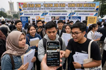 KDM Siarkan Lowongan Kerja di TikTok, Pakar Minta Indikator Penyerapan Tenaga Kerja Ilustrasi warga mengakses informasi lowongan kerja melalui media sosial (Ilustrasi: Gemini AI)