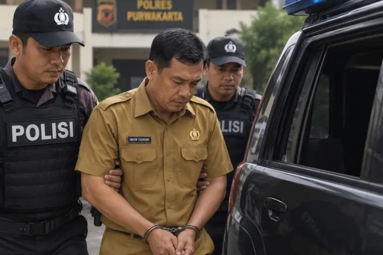Dua Kali Mangkir Pemeriksaan, Kades Cianting Utara Dijemput Polisi Kades Cianting Utara Imam Tabroni dijemput polisi setelah dua kali mangkir pemeriksaan terkait dugaan penganiayaan terhadap guru SD di Sukatani, Purwakarta. (Ilustrasi AI)