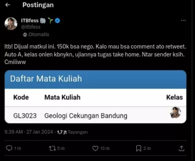 Belum Selesai Soal UKT Pakai Pinjol, Viral Mahasiswa ITB Jual Mata Kuliah di Media Sosial dengan Harga Rp150 ribu