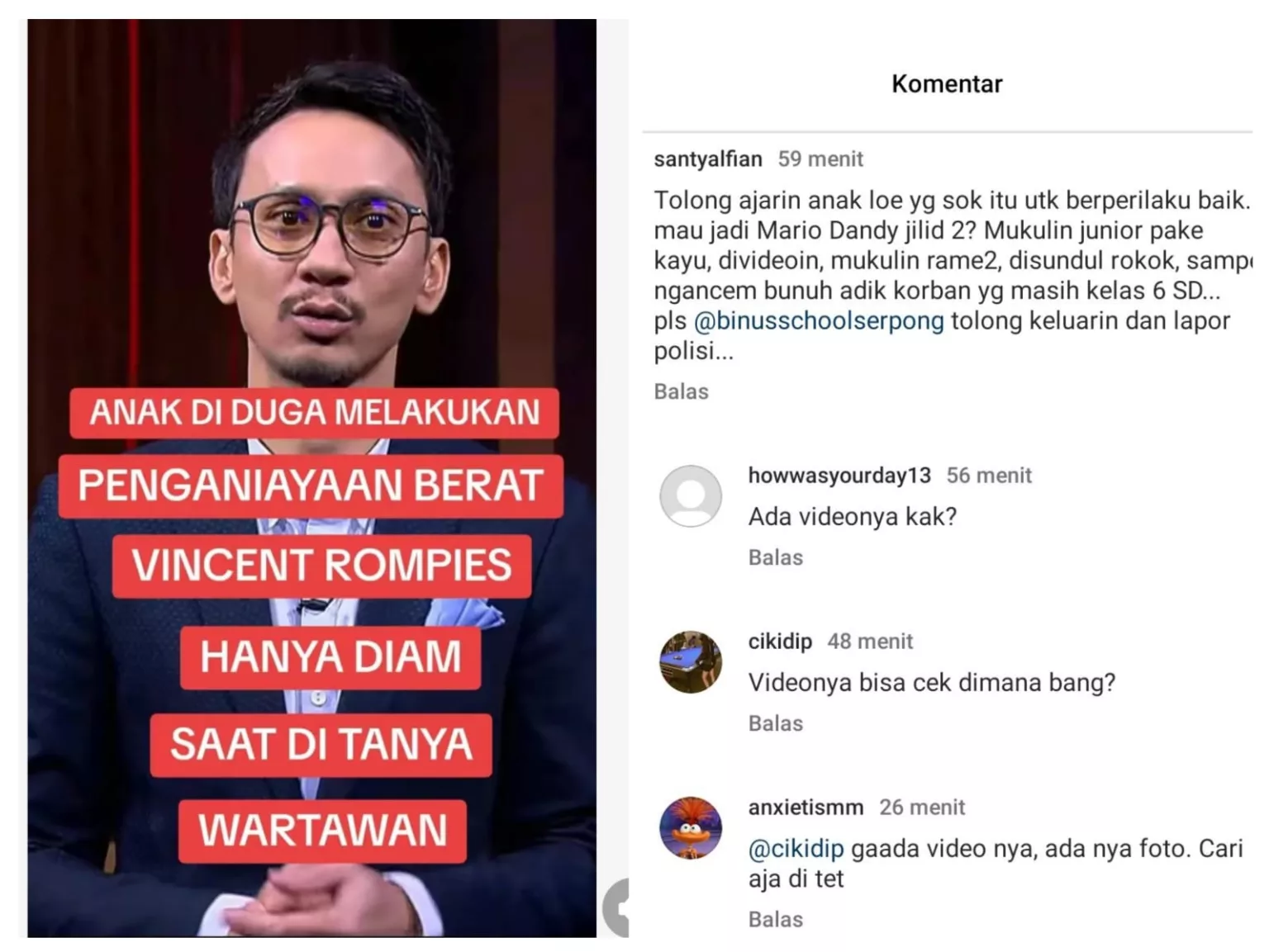 Putra Vincent Rompies Diduga Lakukan Bullying di Binus Serpong
